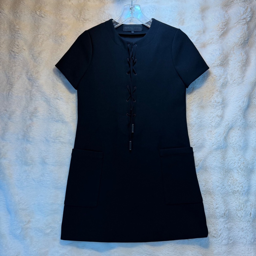 Kendall + Kylie Black Short Sleeve Lace Up Front Dress With Pockets size S‎